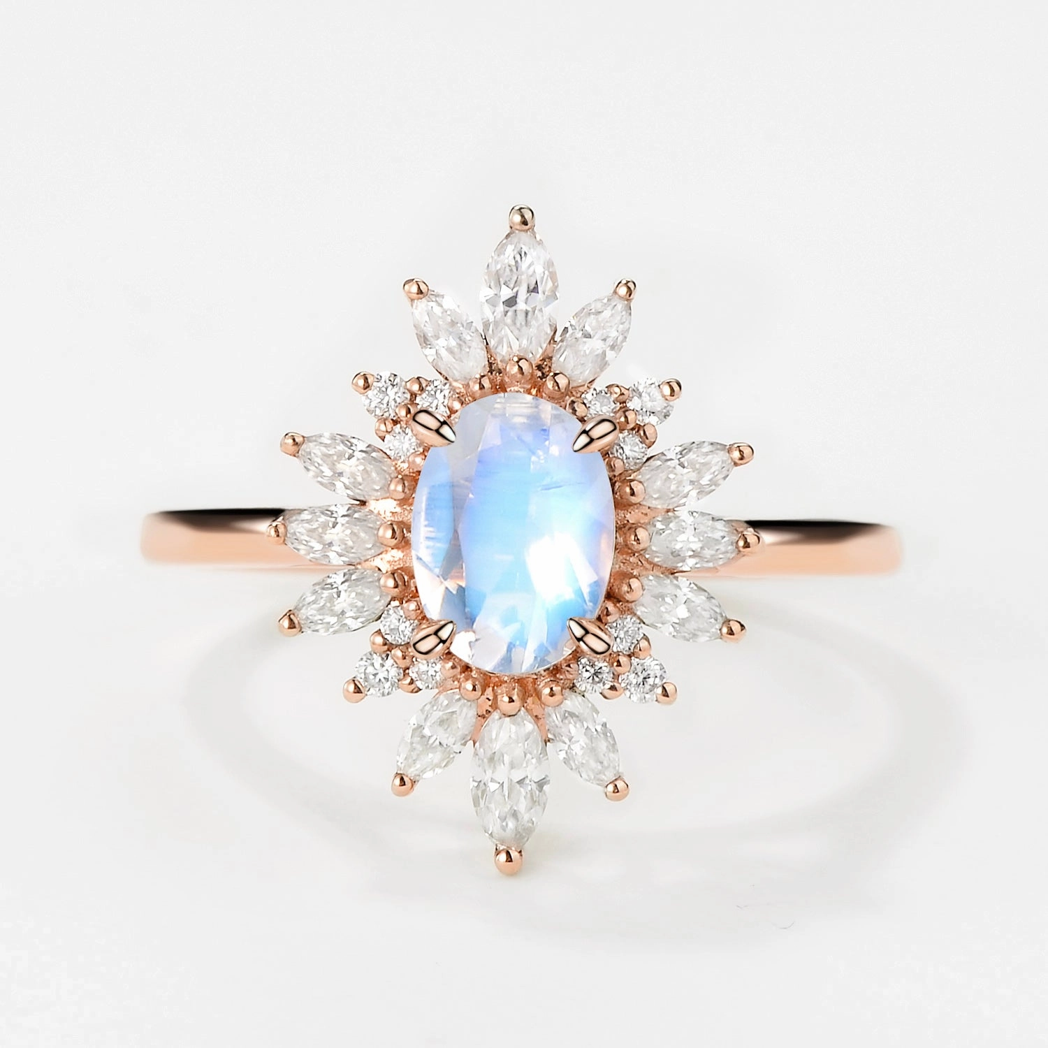 Casual Chic Inspiring Gift Oval Moonstone Flower Inspired Halo Ring