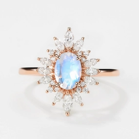 Oval Moonstone Flower Inspired Halo Ring Sturdy Design Simple Item