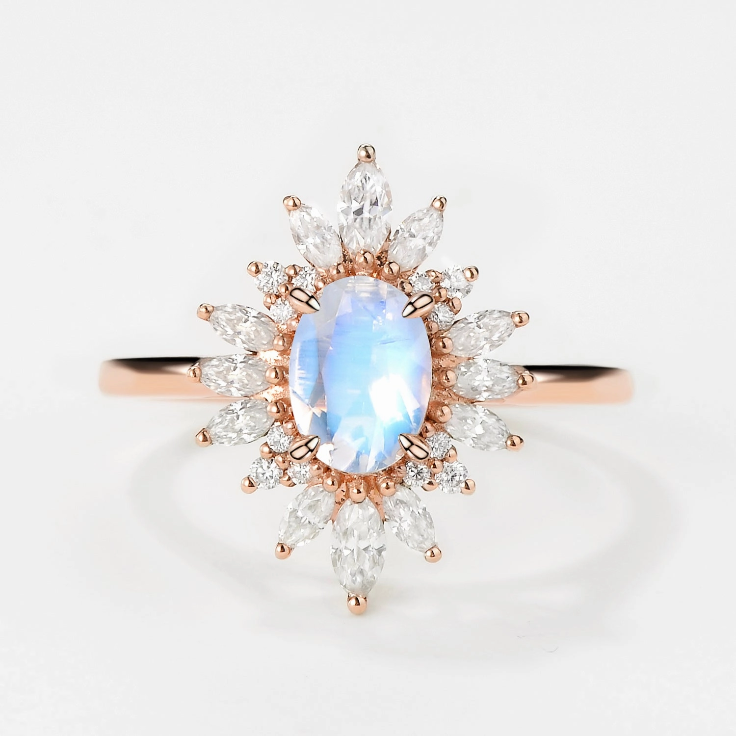 Oval Moonstone Flower Inspired Halo Ring Sturdy Design Simple Item
