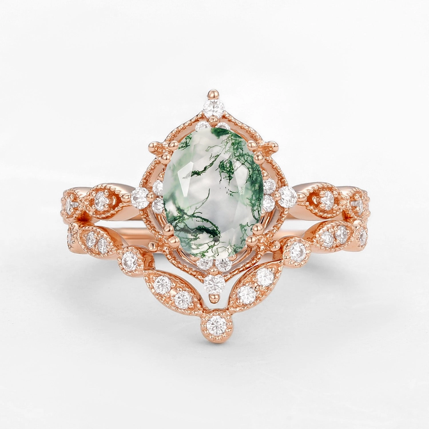 Alluring piece Mature Style Oval Moss Agate & Moissanite Classic Ring Set 2pcs - Brynn