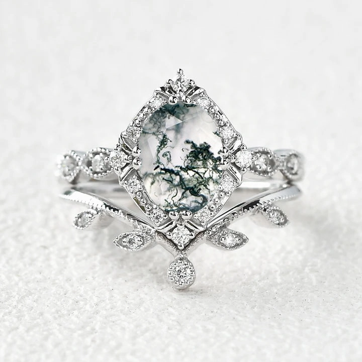 Oval Moss Agate & Moissanite Floral Ring Set 2pcs Classic Present