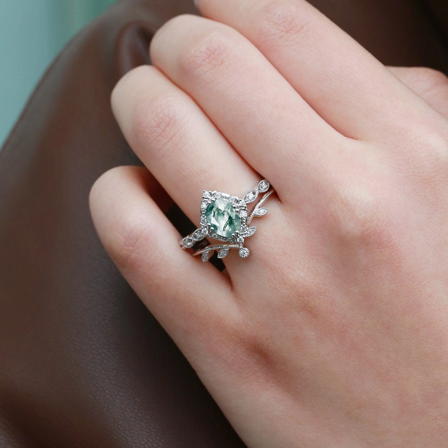 Oval Moss Agate & Moissanite Floral Ring Set 2pcs Special Design Classic Emblem