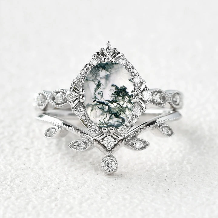 Oval Moss Agate & Moissanite Floral Ring Set 2pcs photo shoot Elegant Fashion