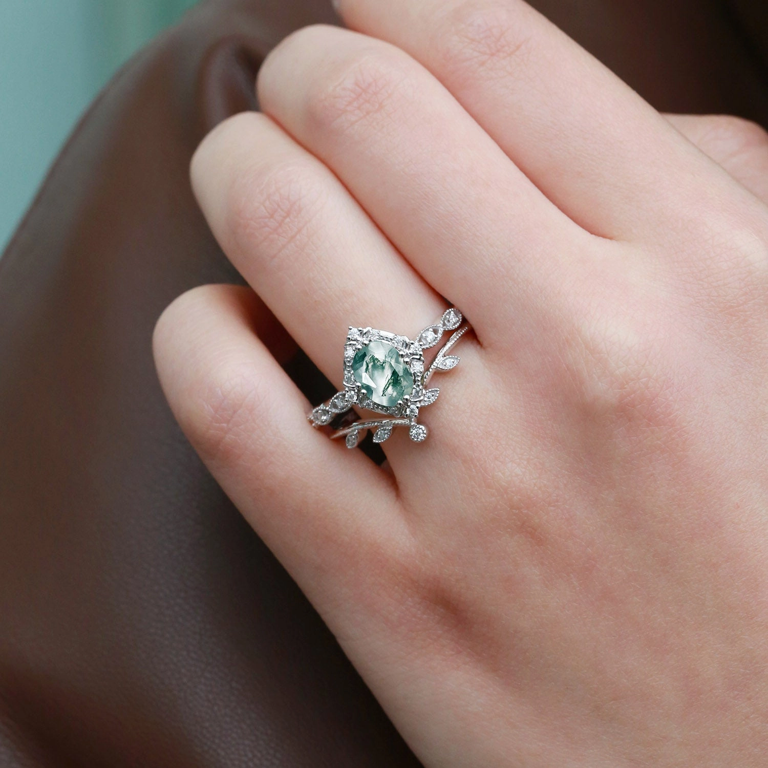 Stylish Addition Secure Accessory Oval Moss Agate & Moissanite Floral Ring Set 2pcs