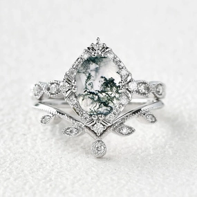 Elegant Choice Oval Moss Agate & Moissanite Floral Ring Set 2pcs