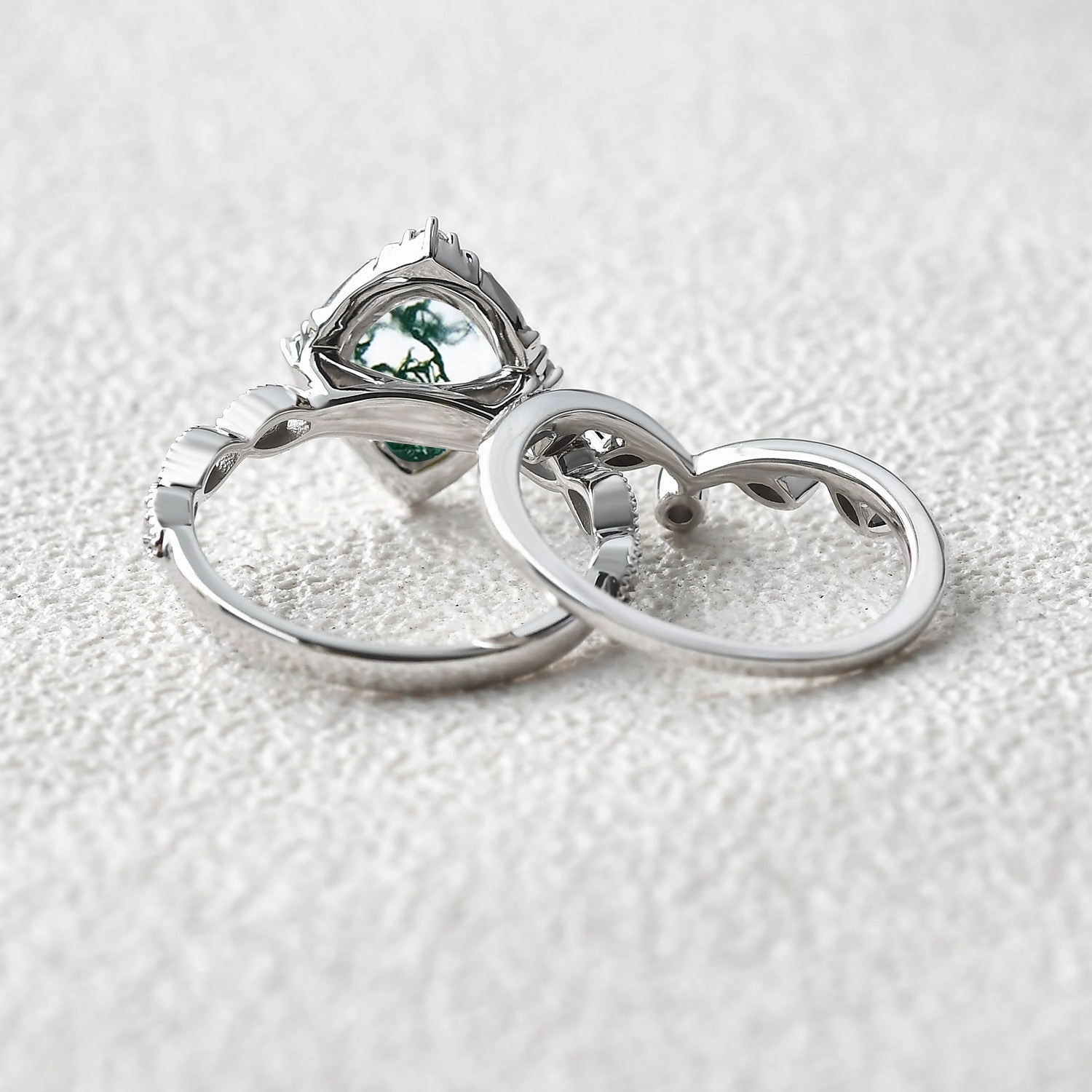 Oval Moss Agate & Moissanite Floral Ring Set 2pcs HighEnd Memento