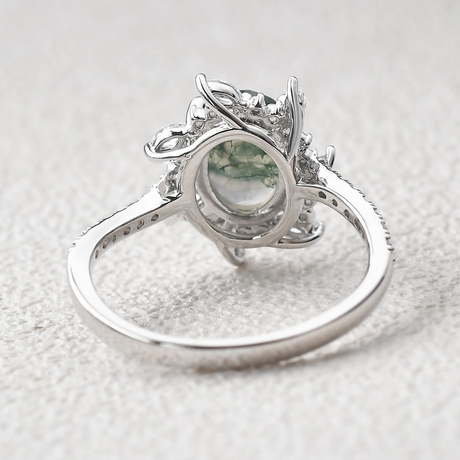 Monogram Initial Minimal Mood Oval Moss Agate & Moissanite Halo White Gold Engagement Ring