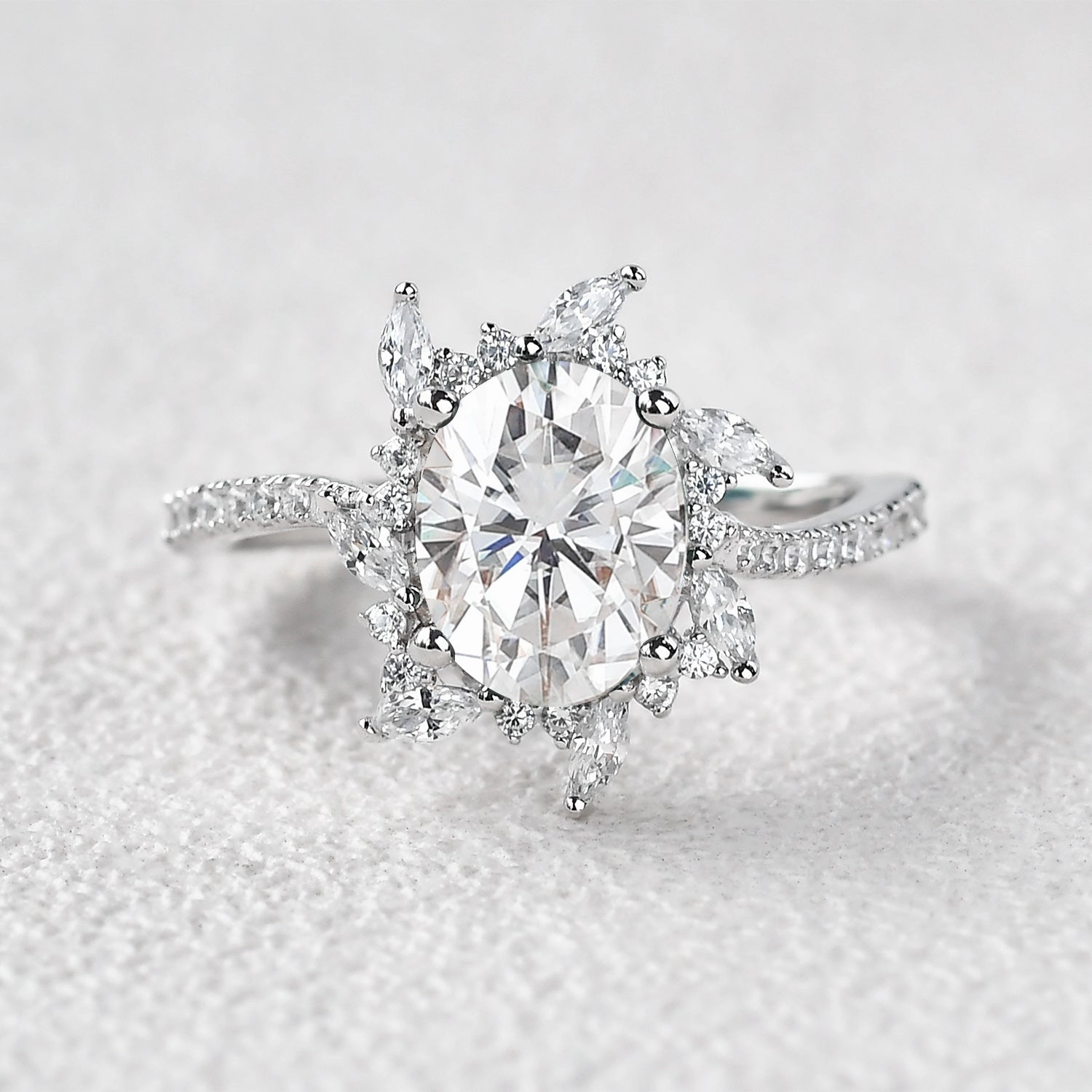 Oval Moss Agate & Moissanite Halo White Gold Engagement Ring Cool Accent