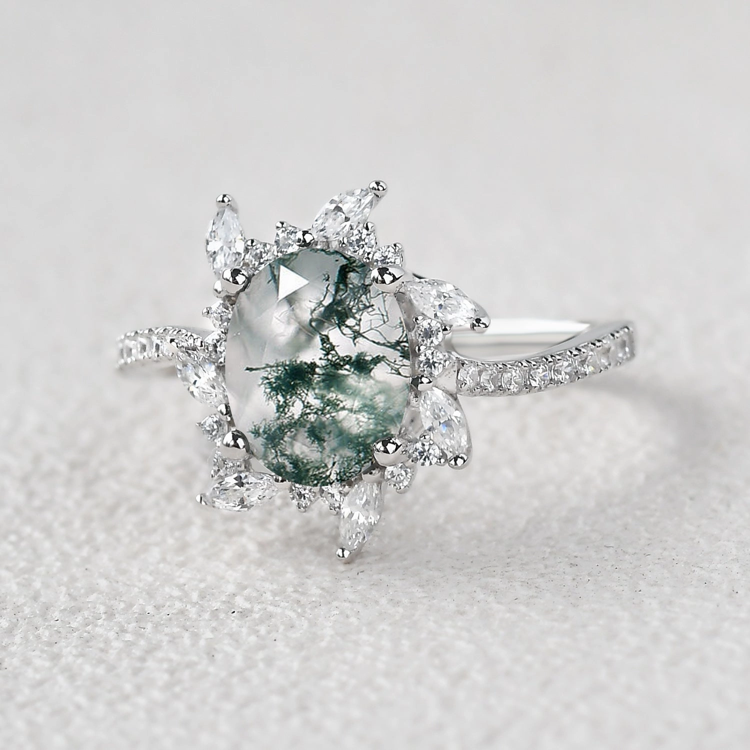Glamorous Product Scratch Proof Oval Moss Agate & Moissanite Halo White Gold Engagement Ring