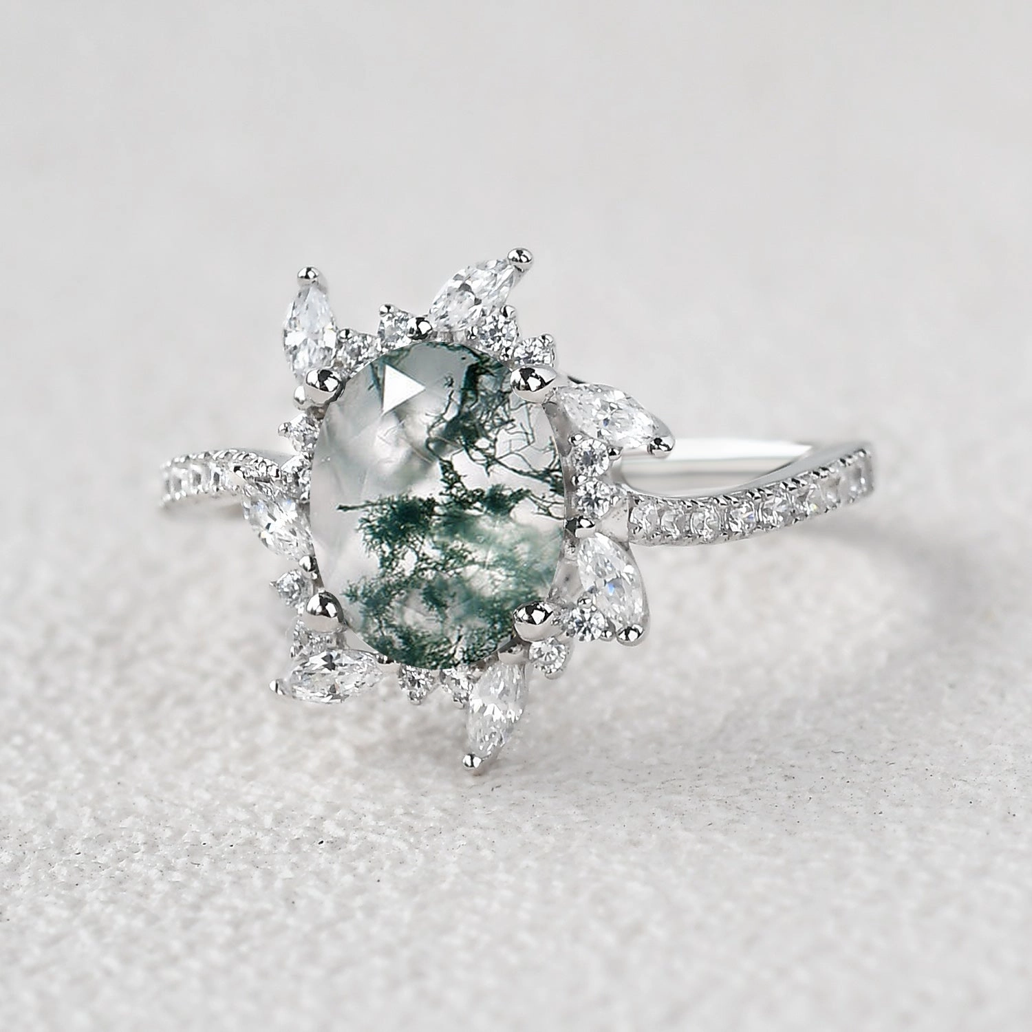 Spring Present Premium Ornament Oval Moss Agate & Moissanite Halo White Gold Engagement Ring