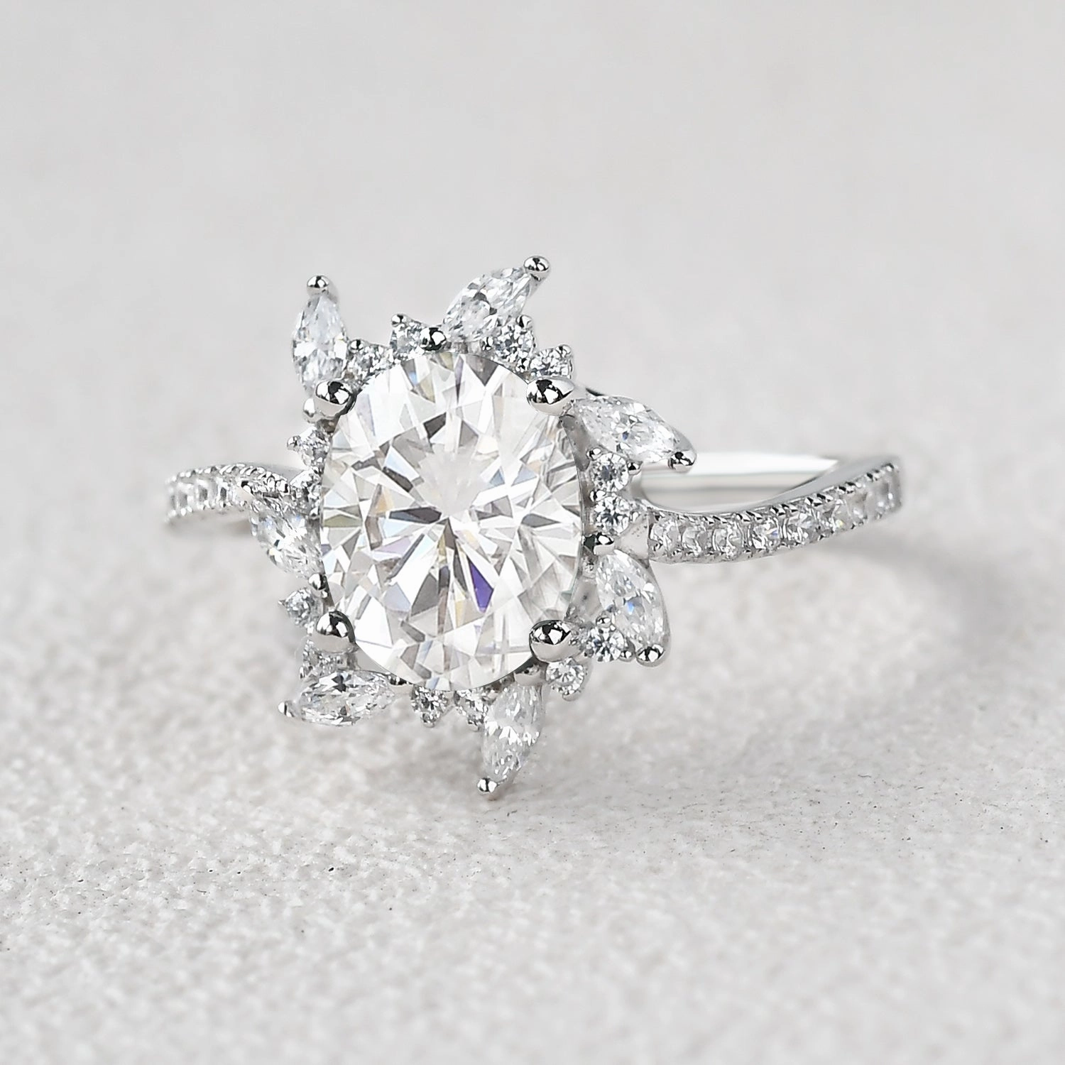 Office Gift Designer Accent Oval Moss Agate & Moissanite Halo White Gold Engagement Ring