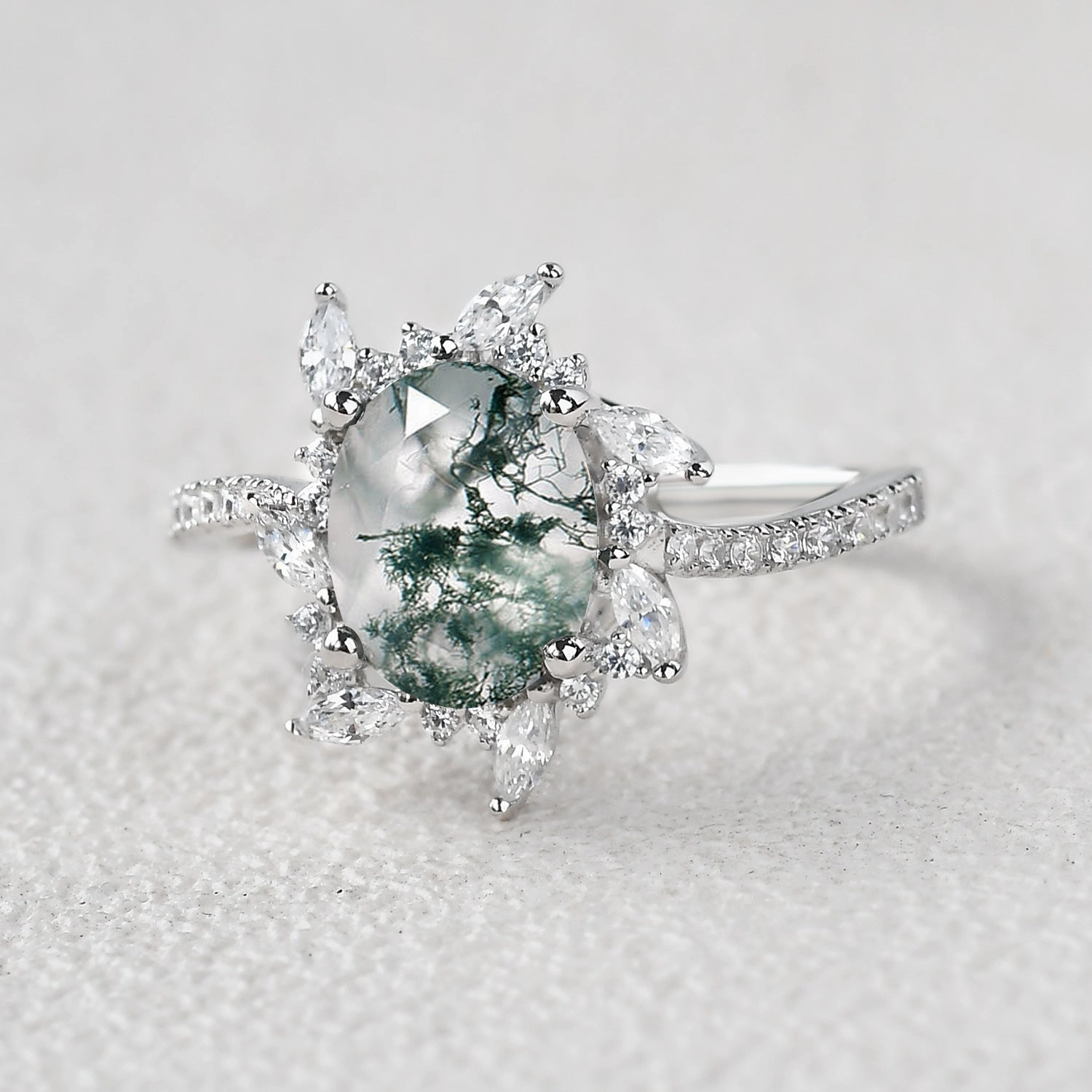 Oval Moss Agate & Moissanite Halo White Gold Engagement Ring Graceful Choice Photo Prop