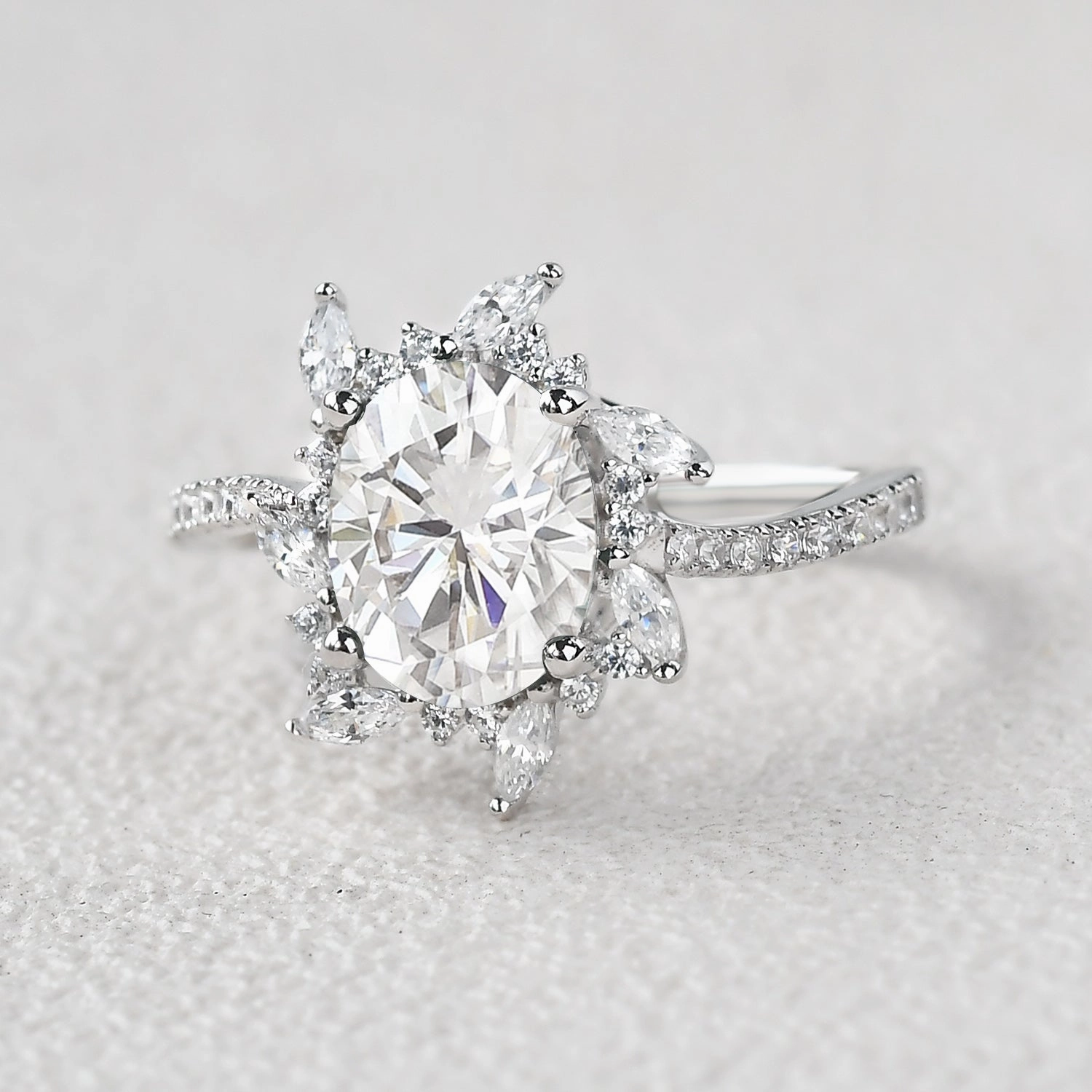 Oval Moss Agate & Moissanite Halo White Gold Engagement Ring Size Flexible Fine Craft