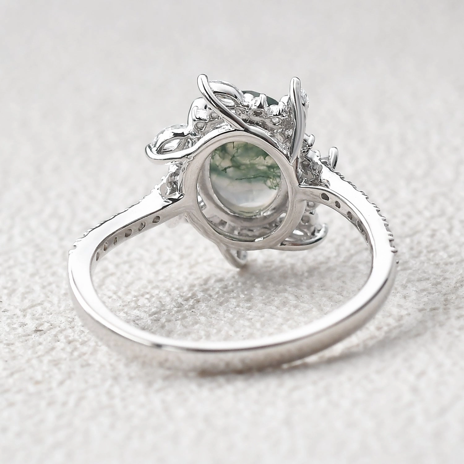 Oval Moss Agate & Moissanite Halo White Gold Engagement Ring Muted Finish