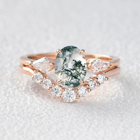 Handcrafted Design Shine Oval Moss Agate Three Stone Twinning Kites Engagement Ring Set 2pcs