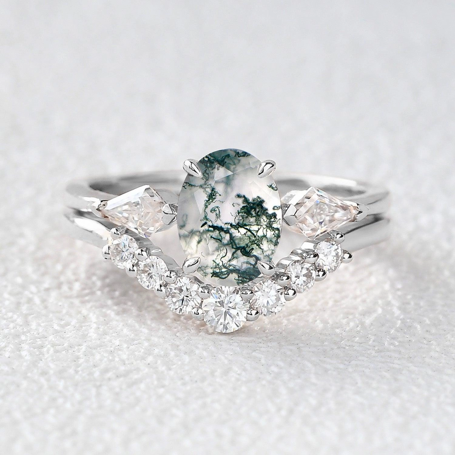 Unique Memento Surprise Gift Oval Moss Agate Three Stone Twinning Kites Engagement Ring Set 2pcs