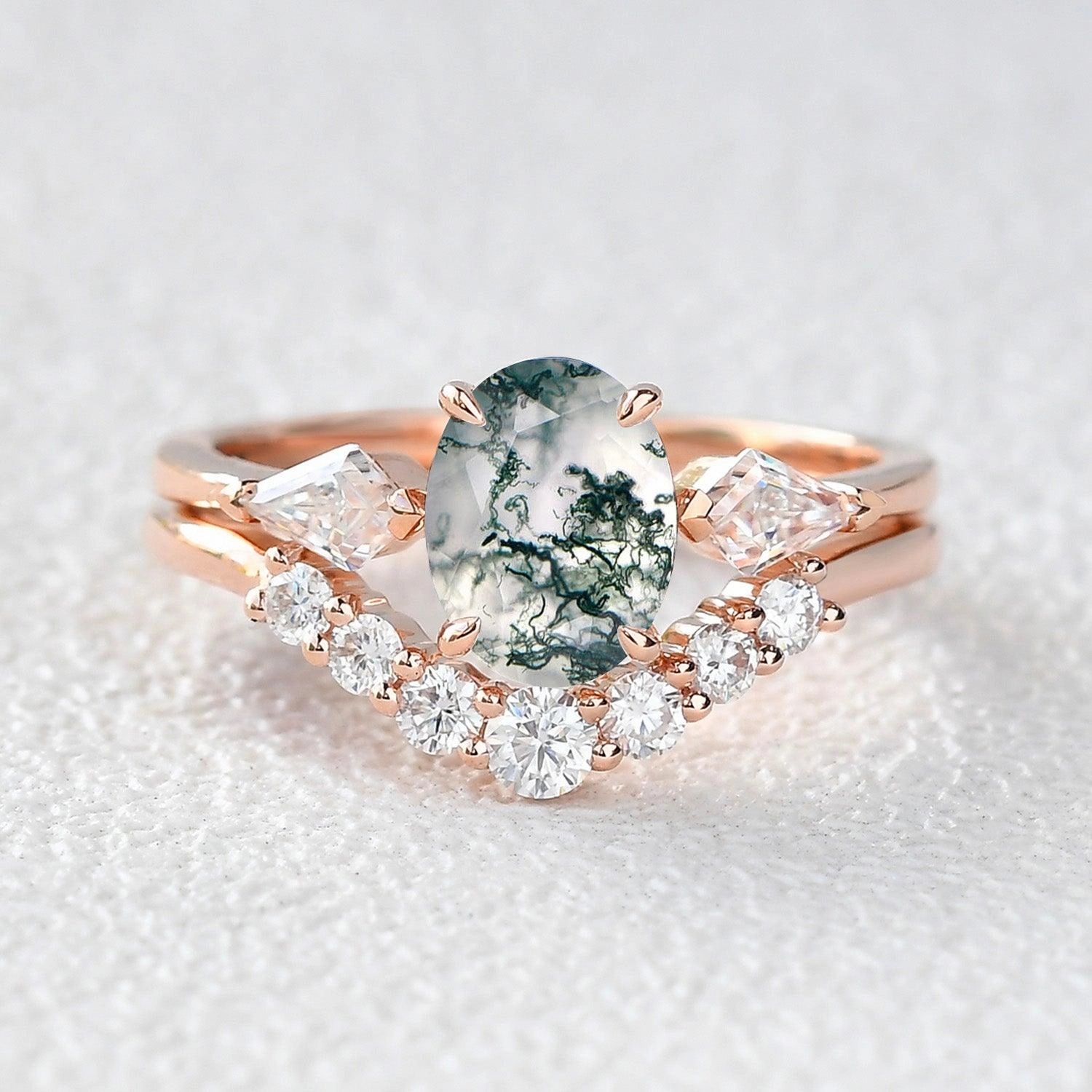 Gift Accent Oval Moss Agate Three Stone Twinning Kites Engagement Ring Set 2pcs