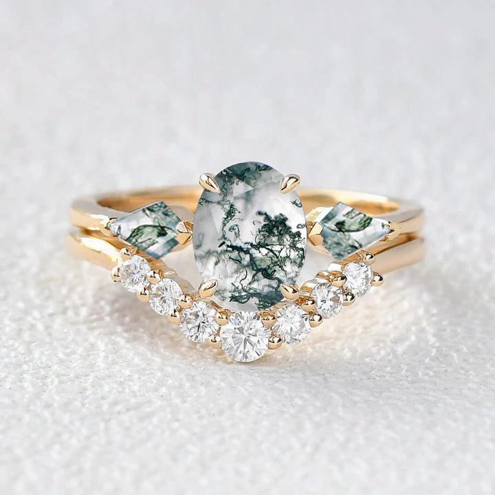 Modern Appearance Elegant Balance Oval Moss Agate Three Stone Twinning Kites Engagement Ring Set 2pcs