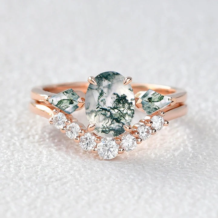 Oval Moss Agate Three Stone Twinning Kites Engagement Ring Set 2pcs Unbendable Piece