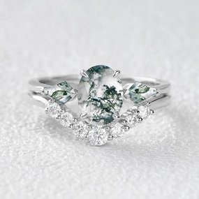 Graceful Vibe Oval Moss Agate Three Stone Twinning Kites Engagement Ring Set 2pcs