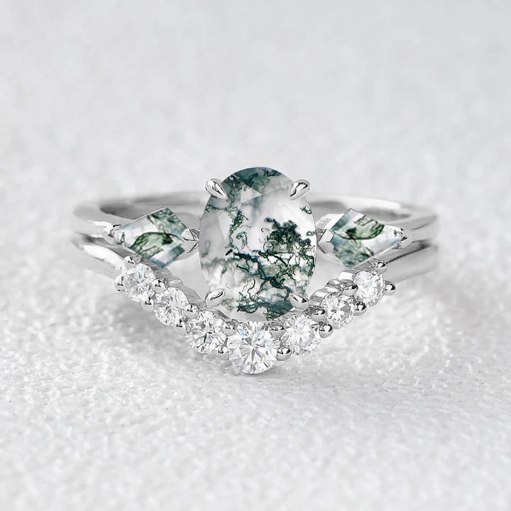 Oval Moss Agate Three Stone Twinning Kites Engagement Ring Set 2pcs Layered Vibe Bright Pop