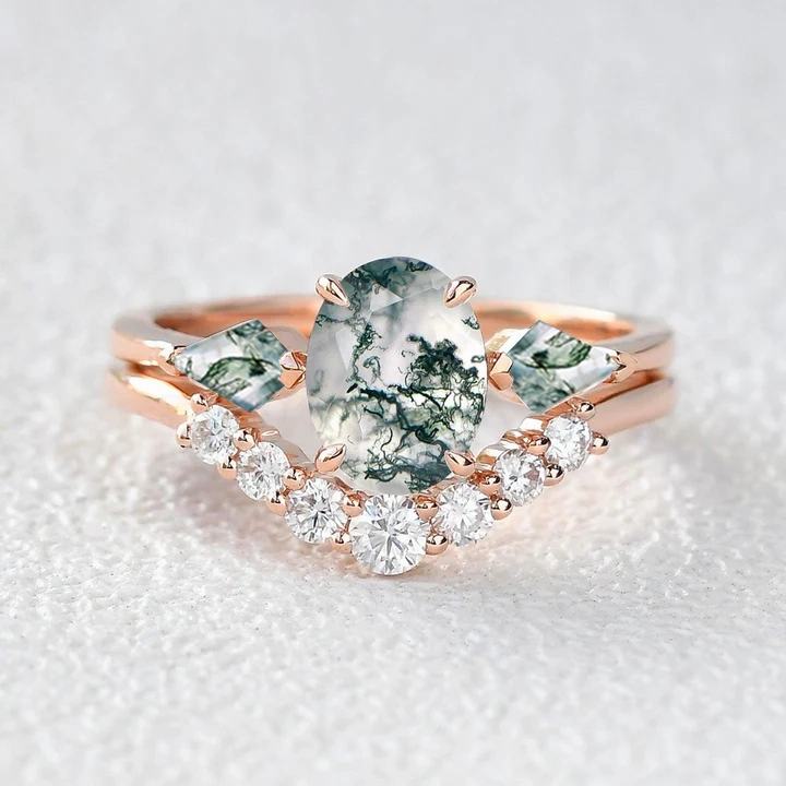 Effortless Fit Day Out Oval Moss Agate Three Stone Twinning Kites Engagement Ring Set 2pcs