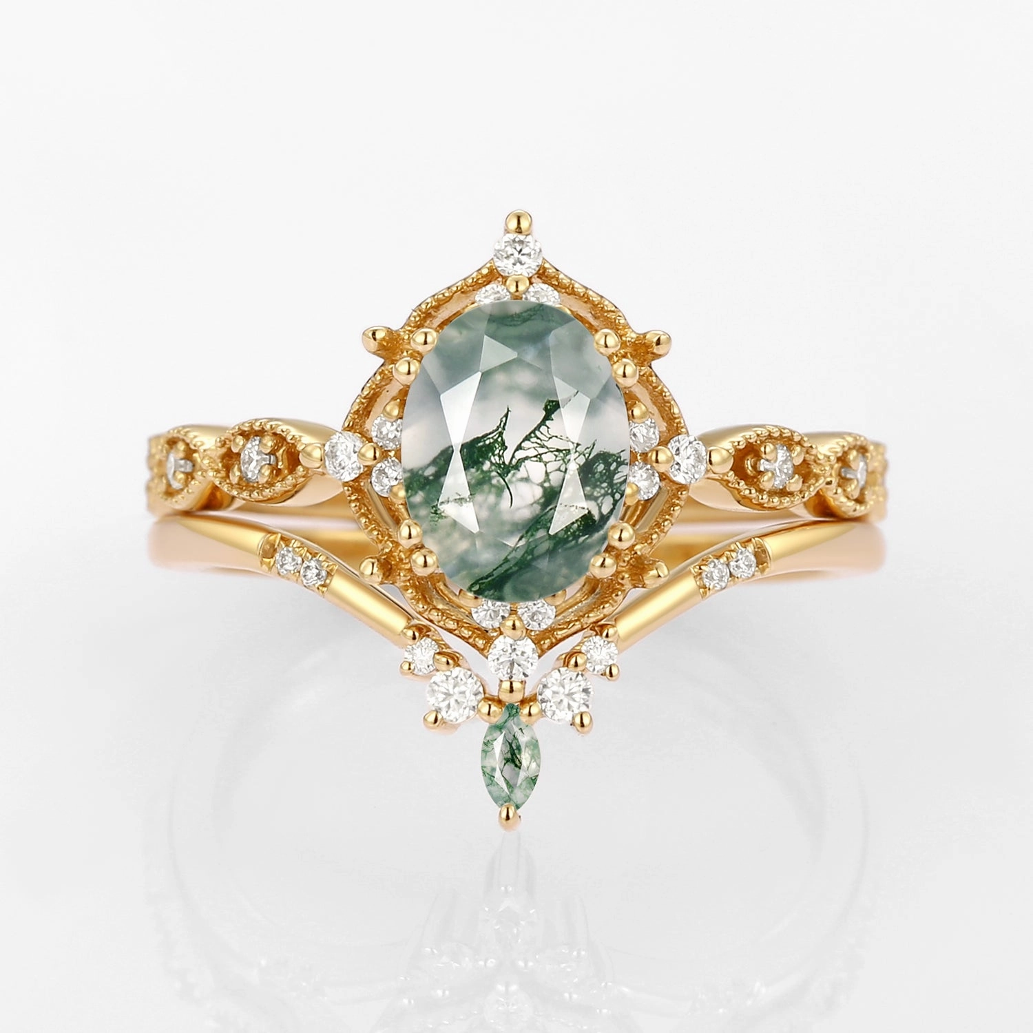 Modern Snap Refined Detailing Oval Moss Agate Vintage Inspired Engagement Ring Set 2pcs