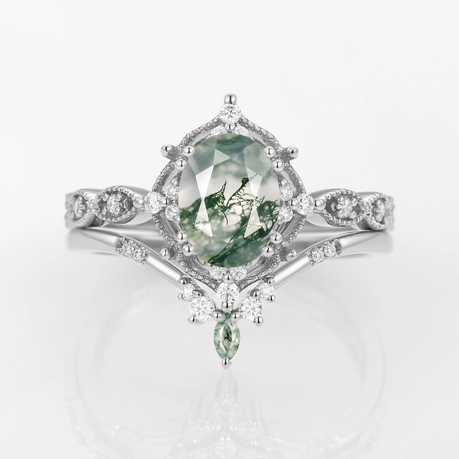 Oval Moss Agate Vintage Inspired Engagement Ring Set 2pcs Designer Craft