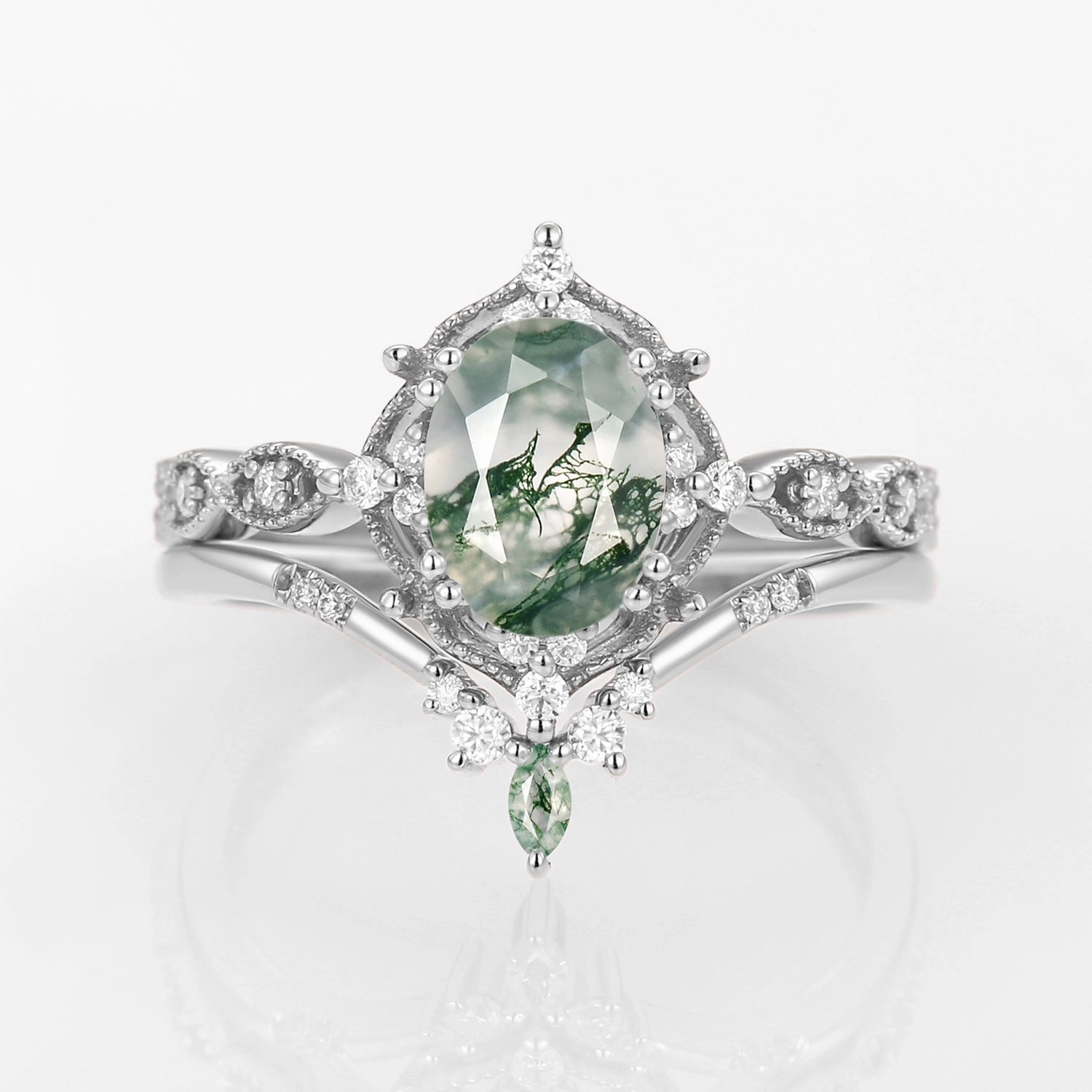 Memorable Gift Oval Moss Agate Vintage Inspired Engagement Ring Set 2pcs