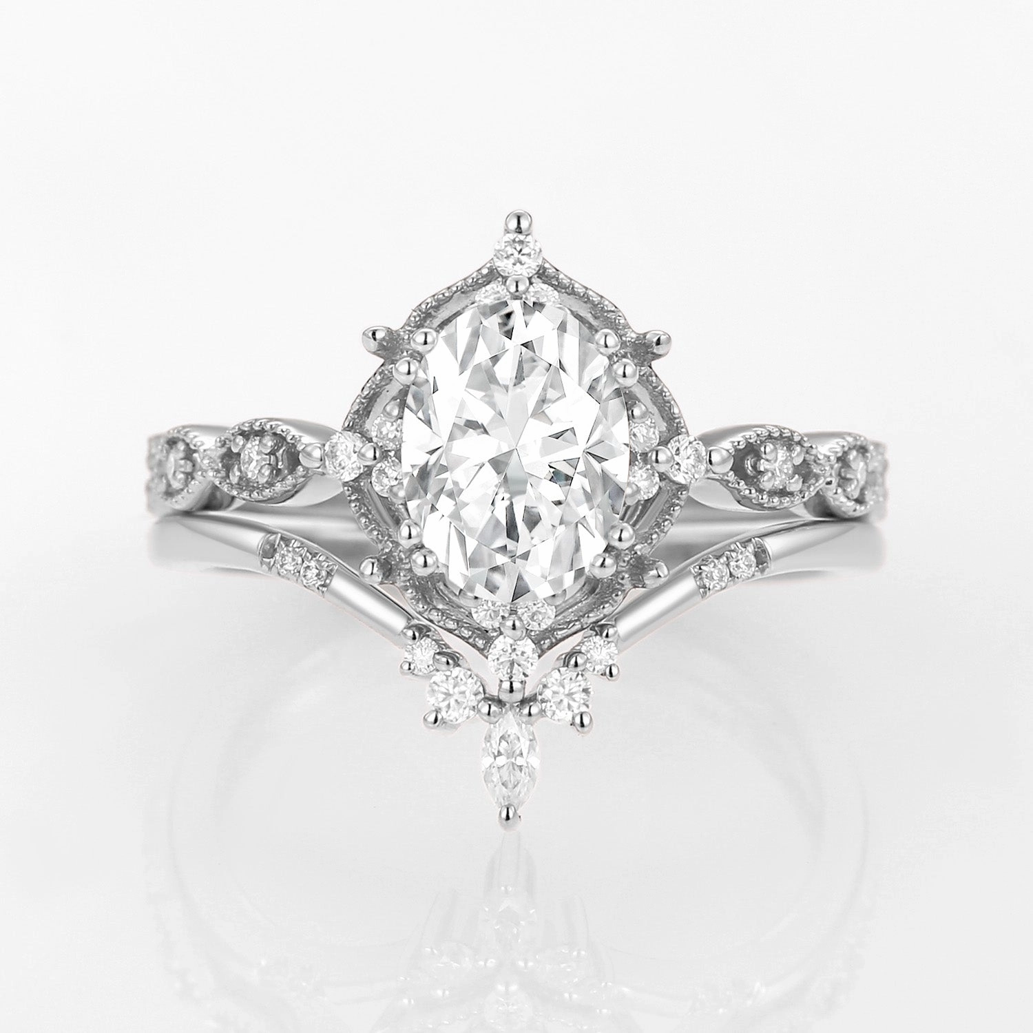 Oval Moss Agate Vintage Inspired Engagement Ring Set 2pcs Glam Finish Memory Keeper