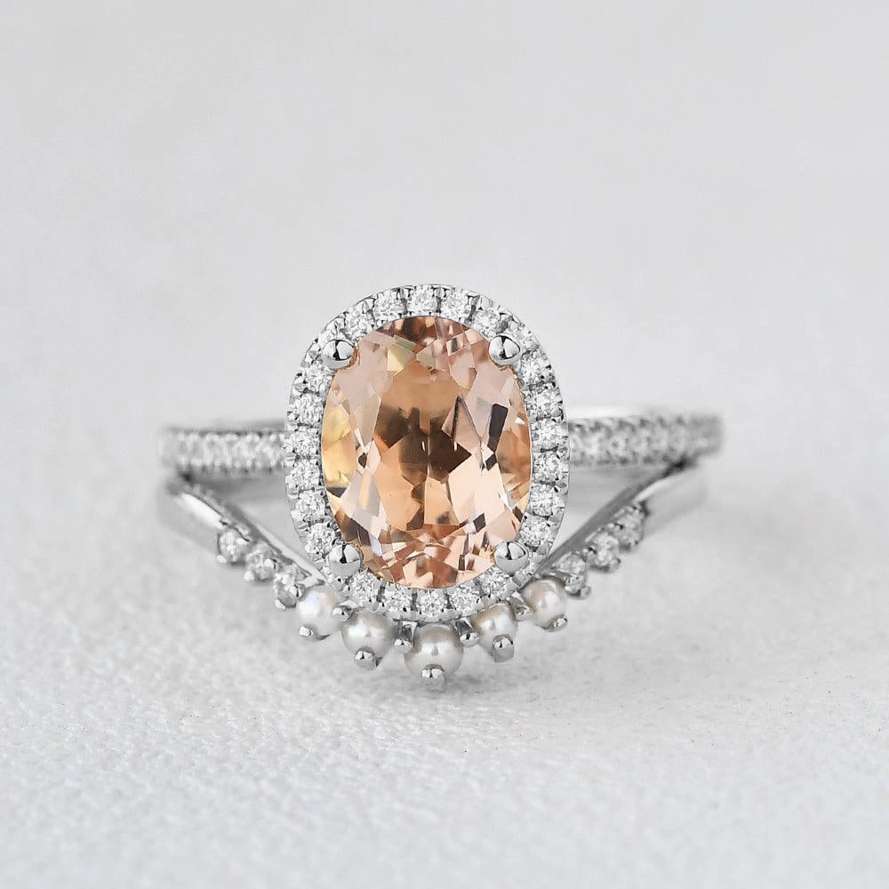 Oval Peachy Morganite & Pearls Yellow Gold Ring Set 2pcs Elegant Movement