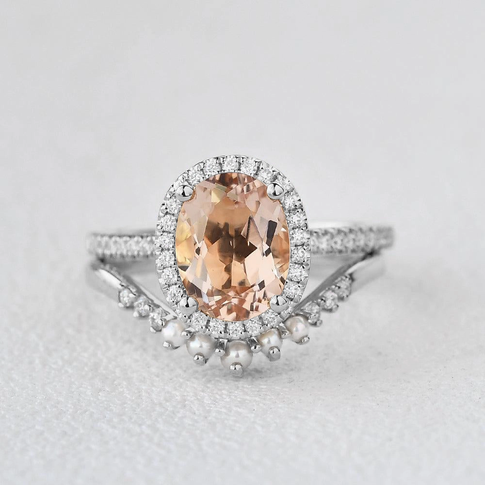 Durable Work Oval Peachy Morganite & Pearls Yellow Gold Ring Set 2pcs