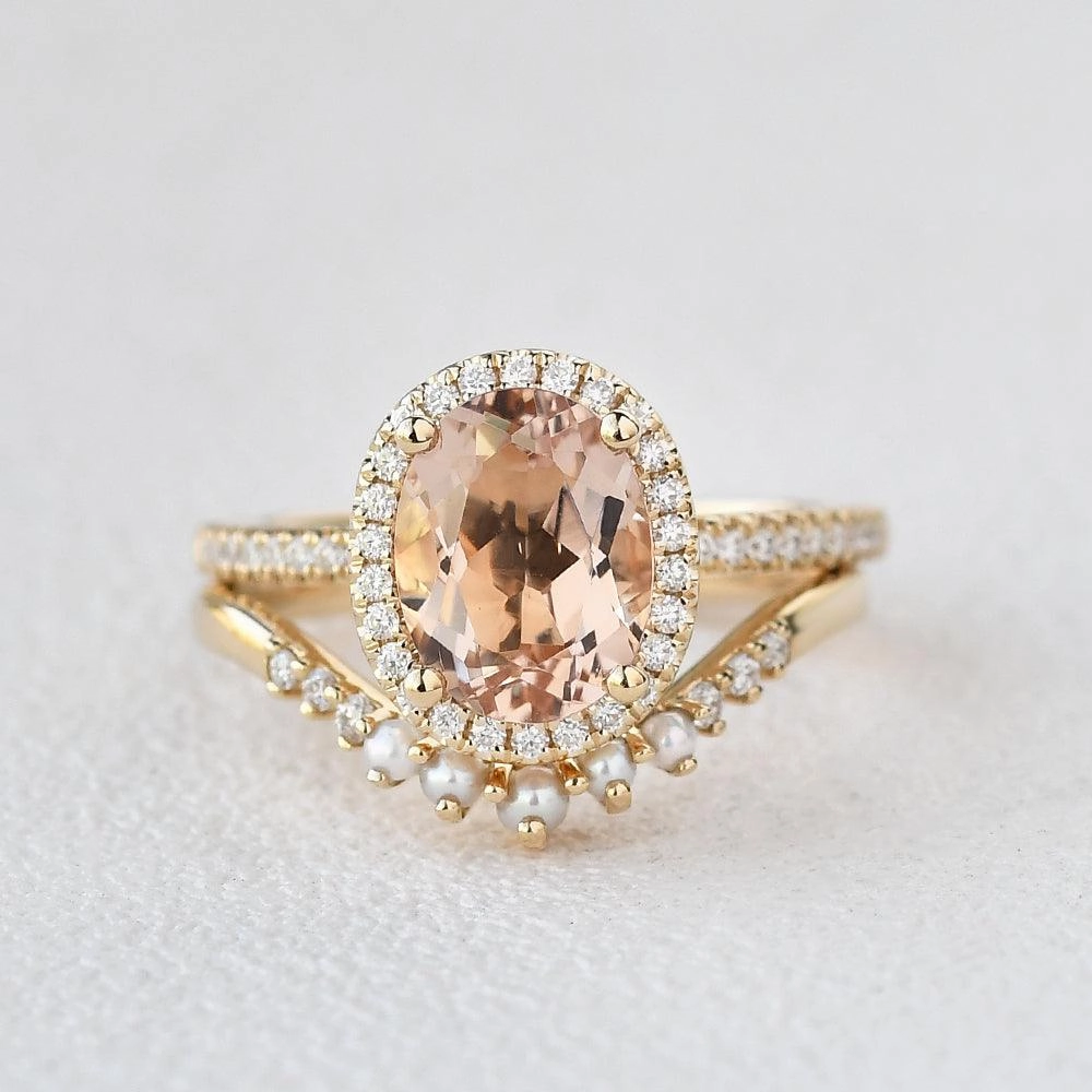 Oval Peachy Morganite & Pearls Yellow Gold Ring Set 2pcs Brilliant Expression