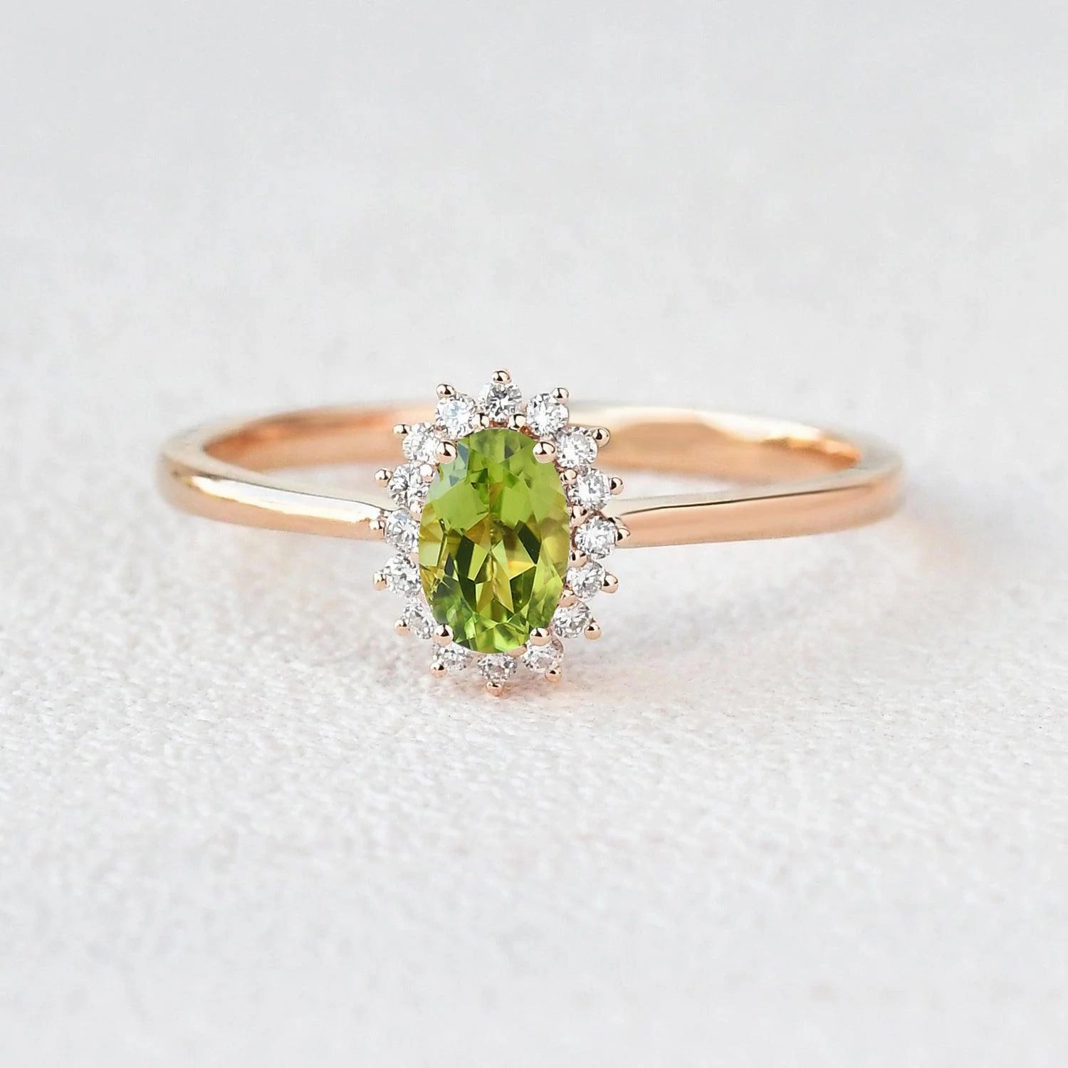 Oval Peridot & Moissanite Halo Engagement Ring Vintage design Versatile Fit