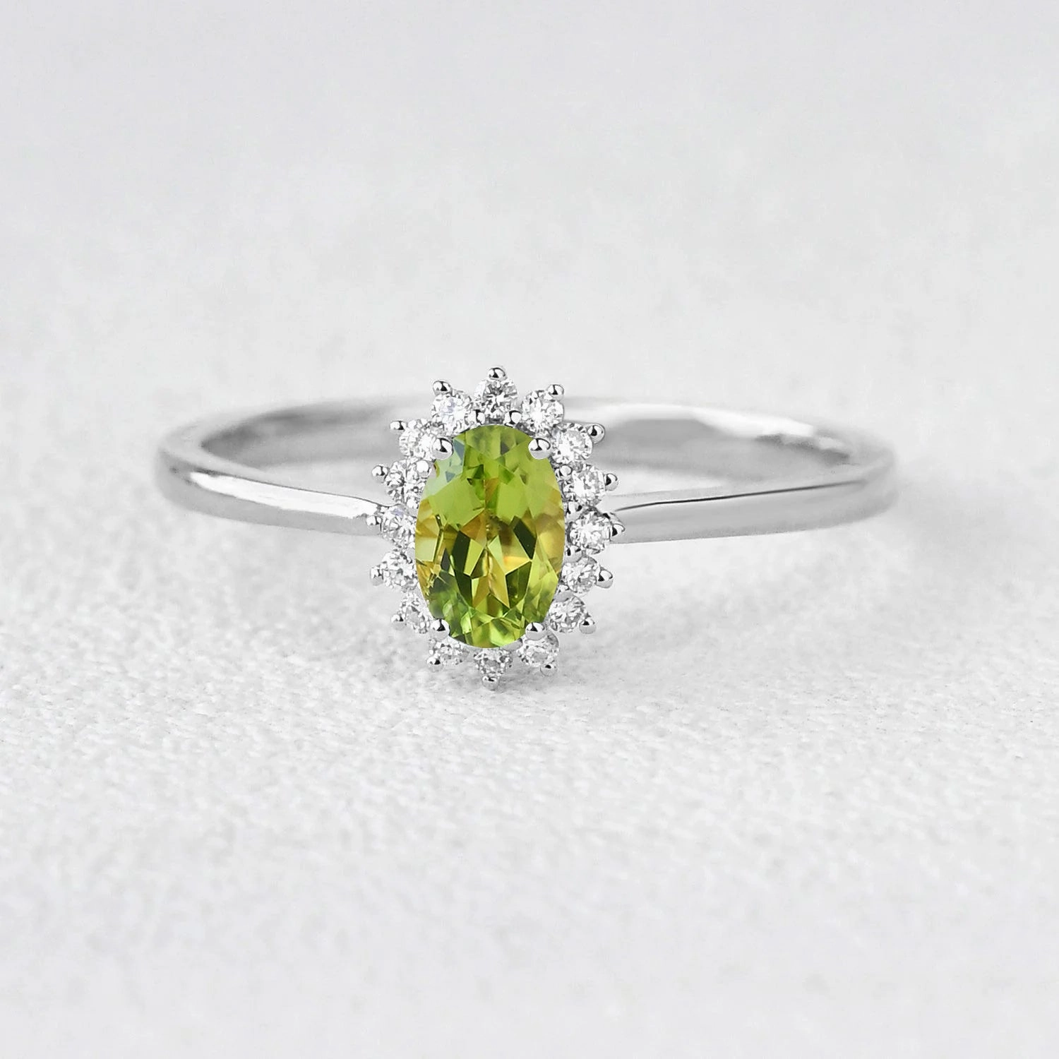 Oval Peridot & Moissanite Halo Engagement Ring Timeless Balance Vintage Trinket