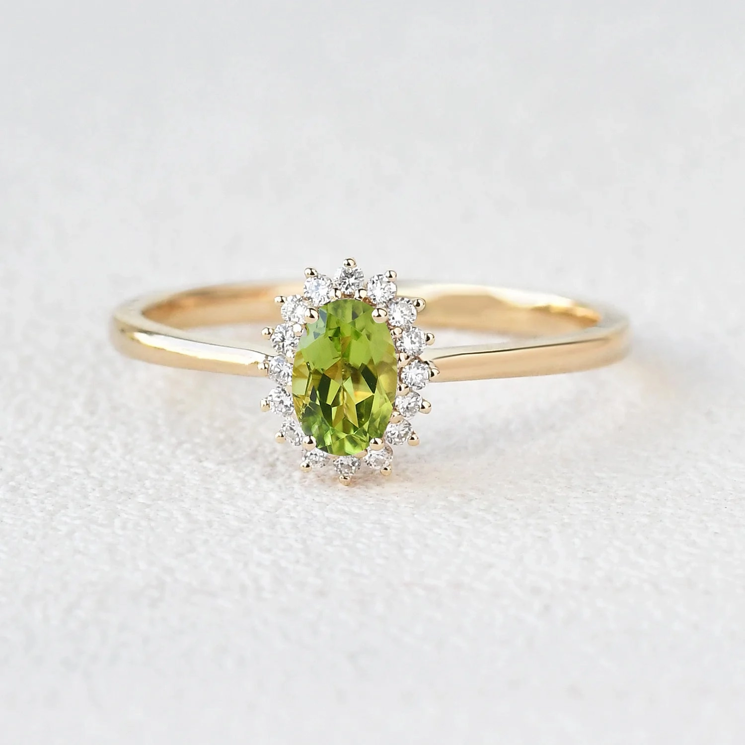 Oval Peridot & Moissanite Halo Engagement Ring Modern Detail