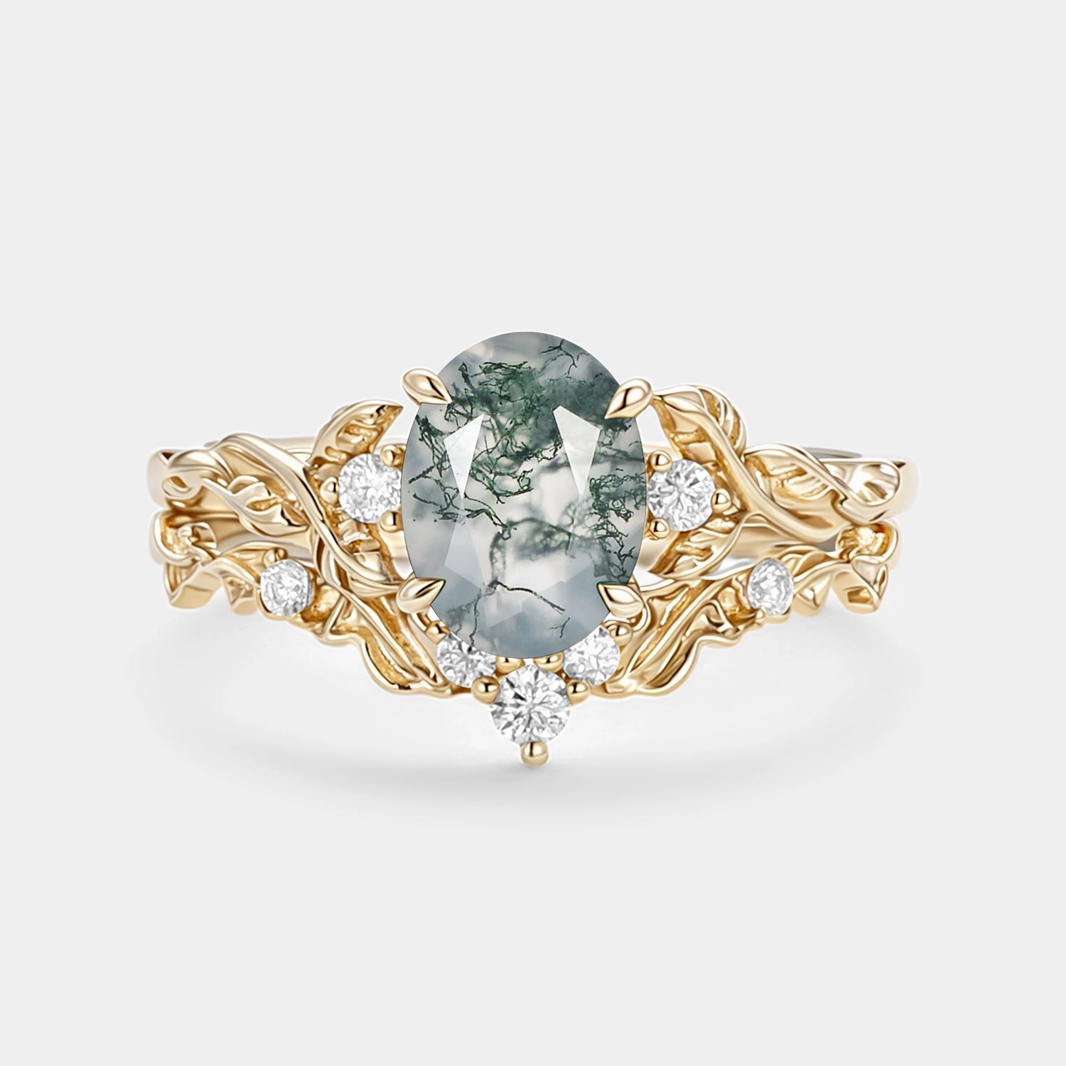 Oval Shaped Lab Emerald Leafy Engagement Ring Set 2pcs - Brook Romantic Adornment