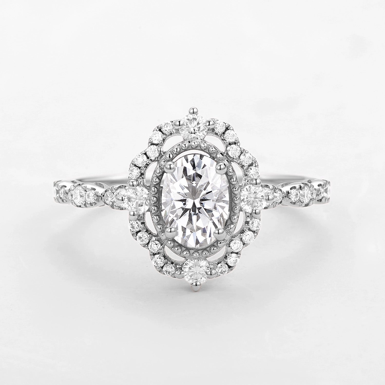 Signature Sparkle Petite Edge Oval Shaped Moissanite Engagement Bridal Ring - Neriah