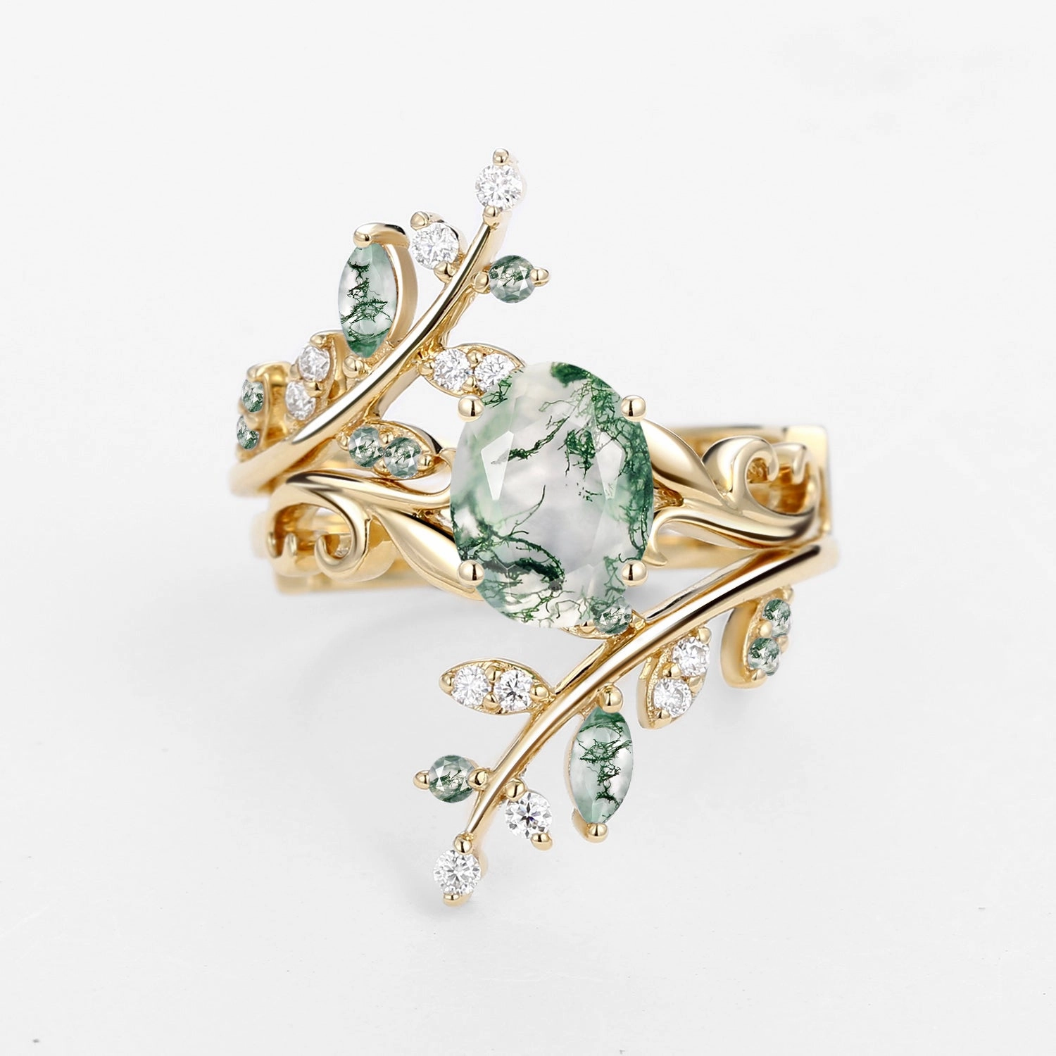 Oval Shaped Moss Agate Engagement Ring Sets 2PCS - Talasi Sophisticated Gem