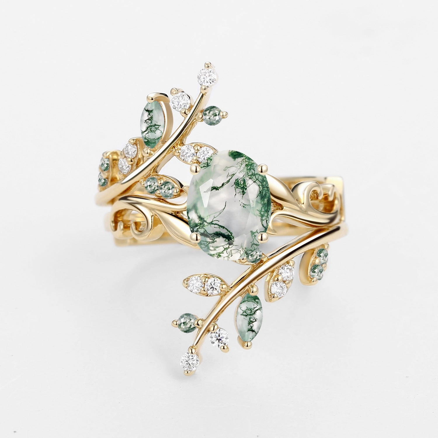 Oval Shaped Moss Agate Engagement Ring Sets 2PCS - Talasi Festival Accent