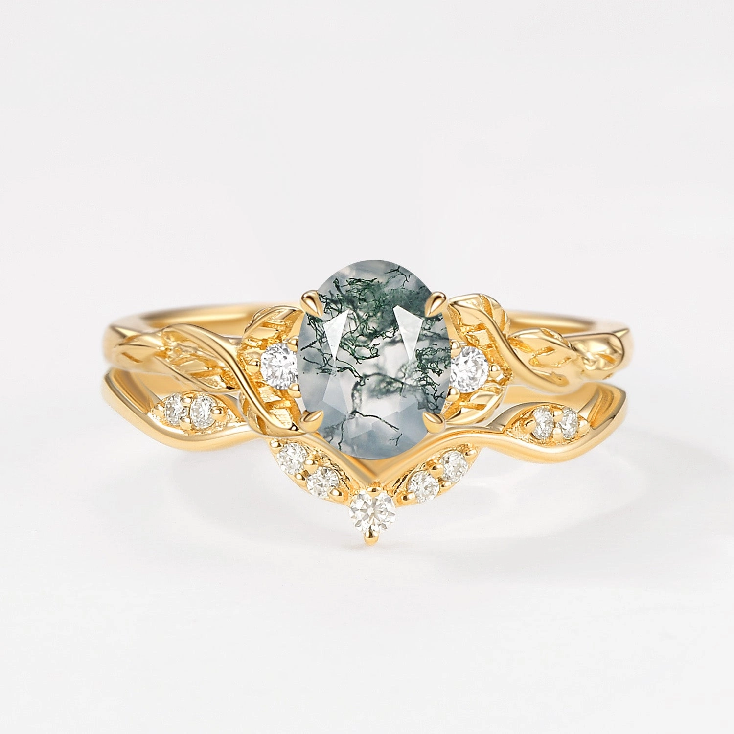 Oval Shaped Moss Agate Leafy Engagement Ring Set 2pcs Bold Craftsmanship Stylish Vibe
