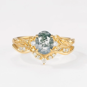 Oval Shaped Moss Agate Leafy Engagement Ring Set 2pcs Bold Craftsmanship Stylish Vibe