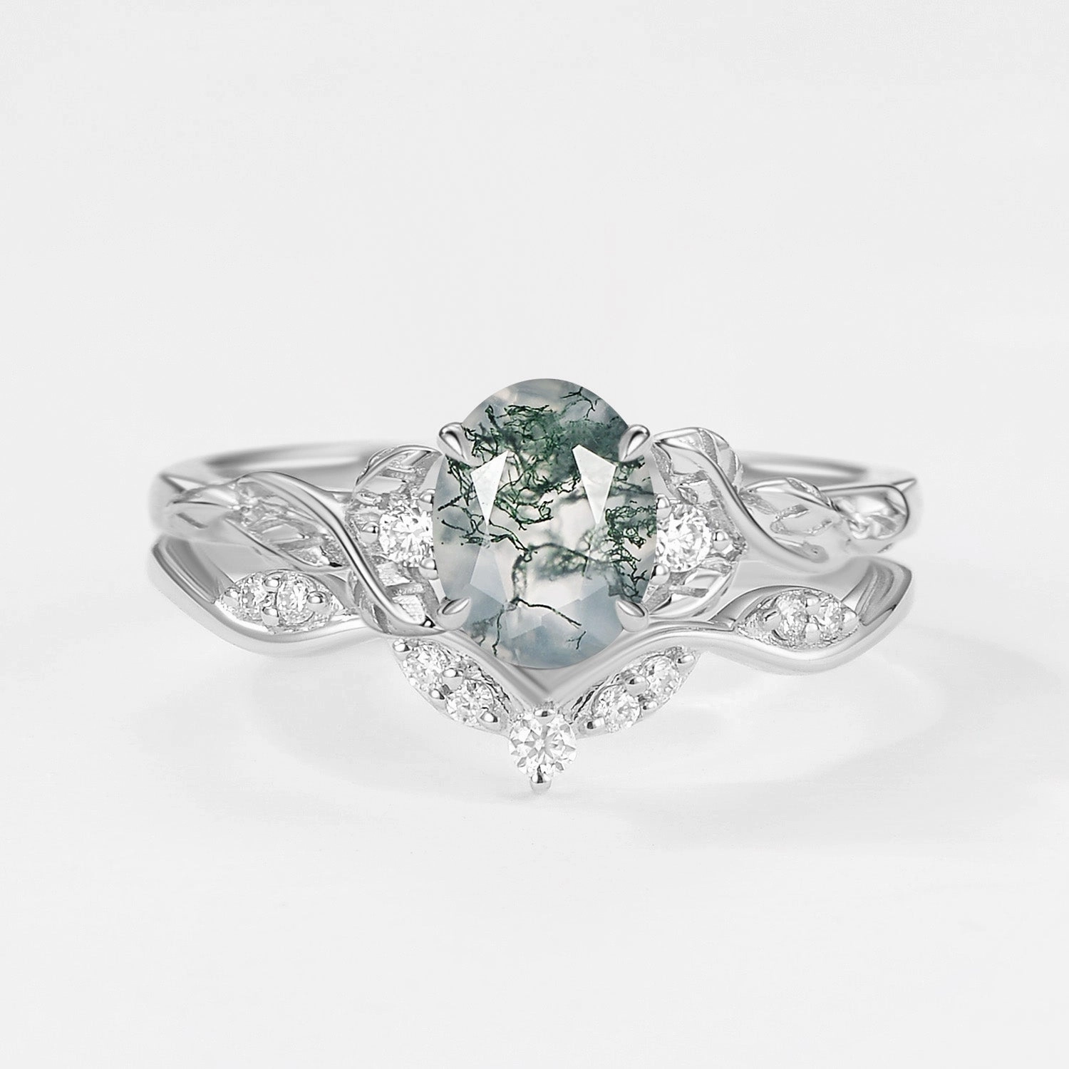 Oval Shaped Moss Agate Leafy Engagement Ring Set 2pcs Vibrant Jewelry