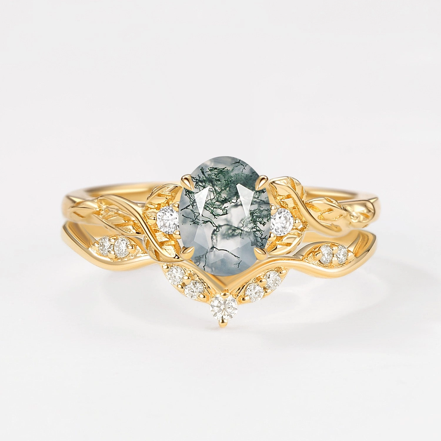 Oval Shaped Moss Agate Leafy Engagement Ring Set 2pcs Custom Keepsake