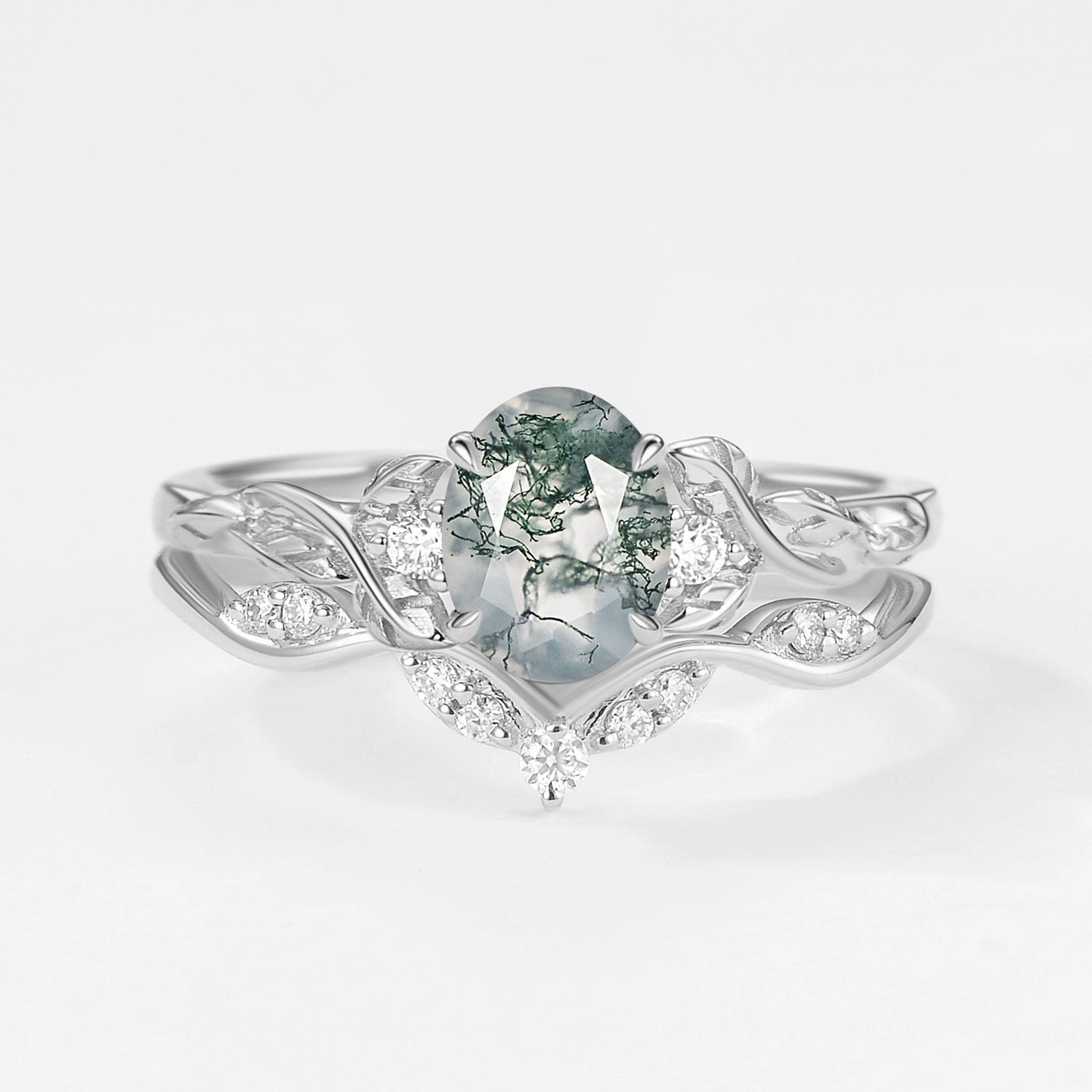 Single Item Wardrobe Essential Oval Shaped Moss Agate Leafy Engagement Ring Set 2pcs