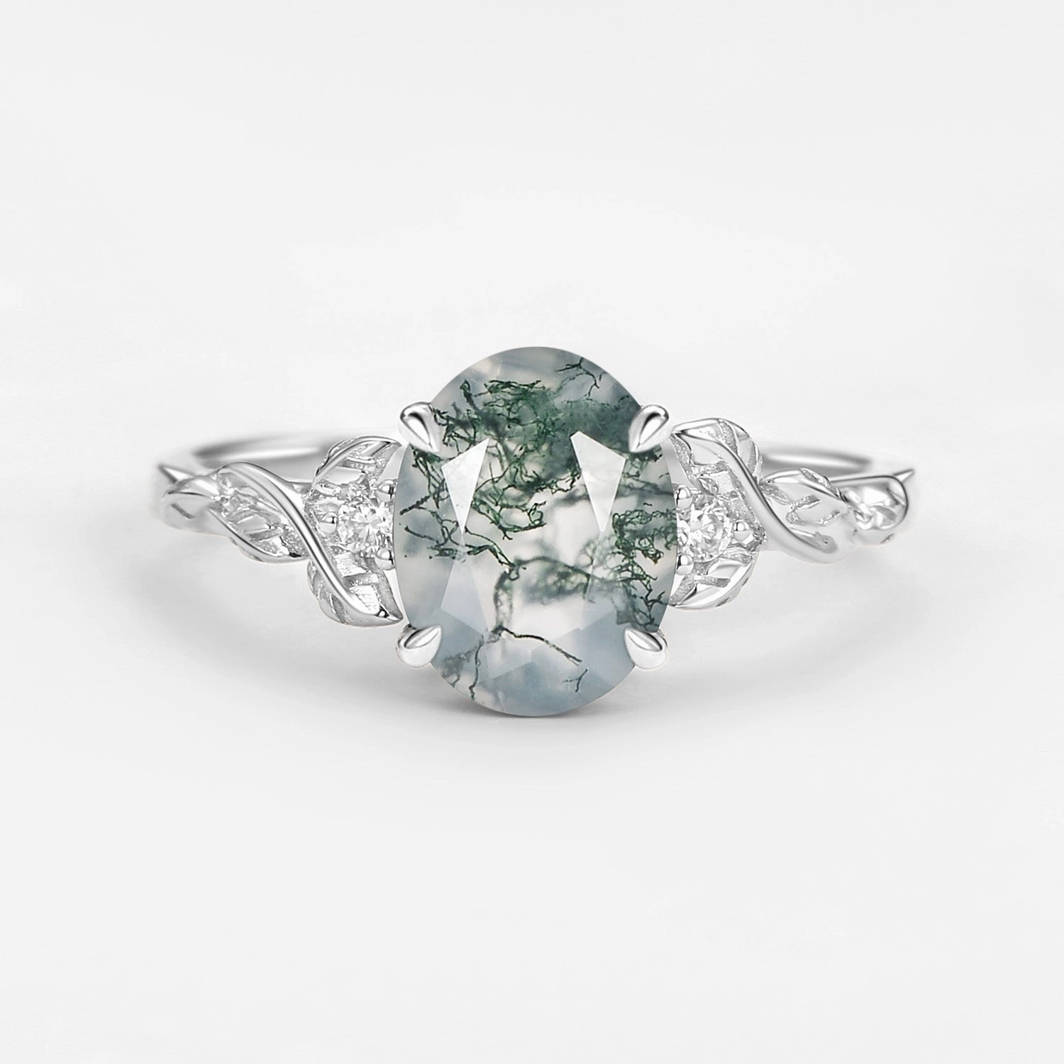 Feminine Touch Handcrafted Pieces Oval Shaped Moss Agate Leafy Wedding Engagement Ring - Clover