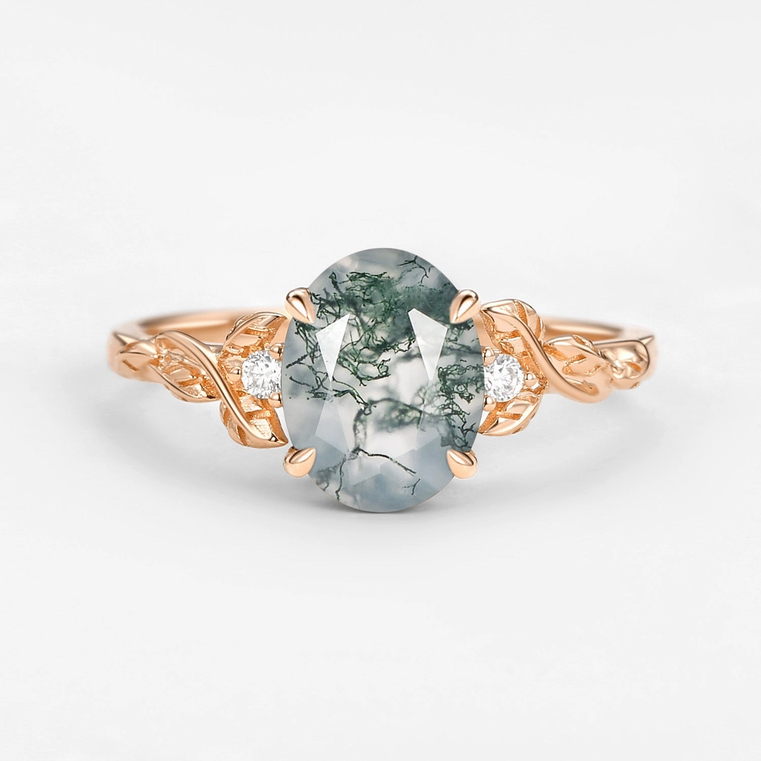 Oval Shaped Moss Agate Leafy Wedding Engagement Ring - Clover Formal Fit Timeless Gift