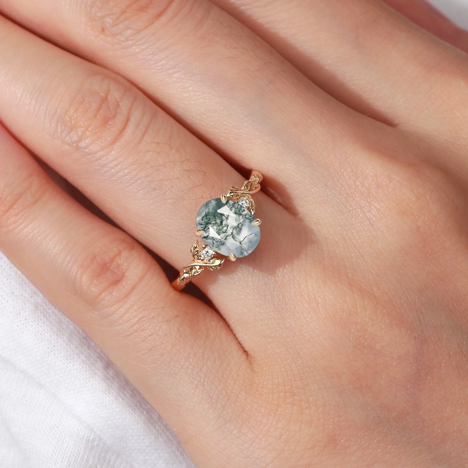Oval Shaped Moss Agate Leafy Wedding Engagement Ring - Clover Comfortable Fit