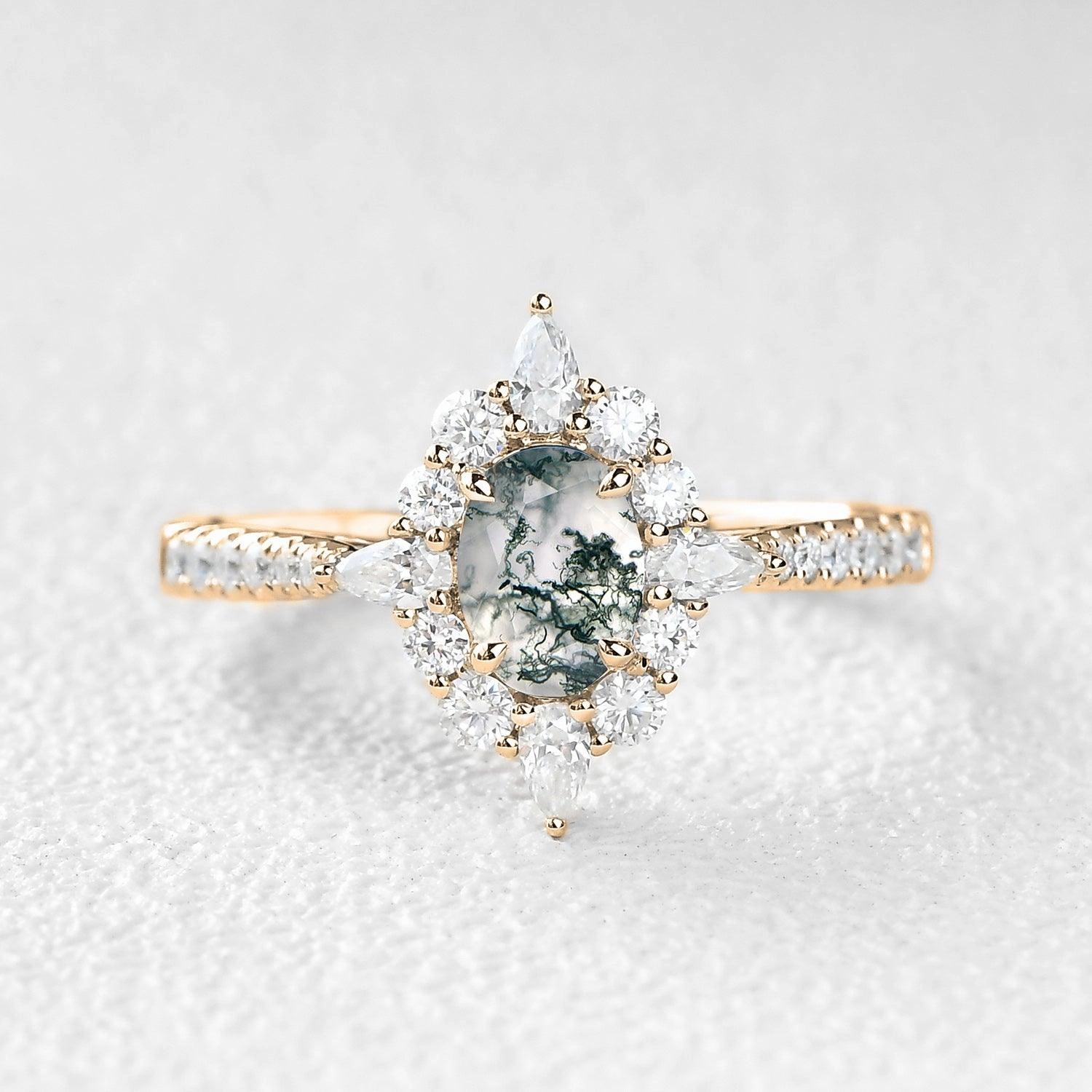 Oval Shaped Vintage Moss Agate Halo Engagement Ring Superior Adornment