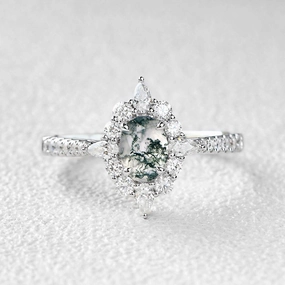 Oval Shaped Vintage Moss Agate Halo Engagement Ring Shiny Design